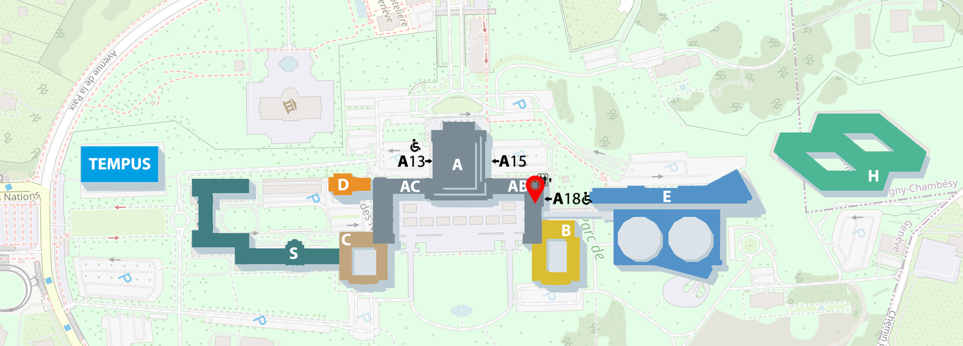 Map of the Palais des Nations with a pin indicating the location of Room XIV