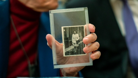 Auschwitz survivor Paul Sobol shows a picture of the woman he married after the war ended.