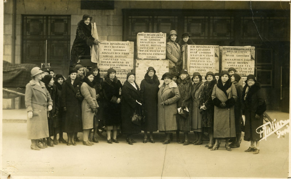 British WILPF members arriving in Geneva with their Disarmament petition, 1932