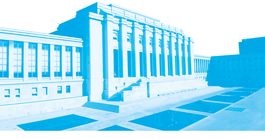 A monochromatic blue, stylized image of the Palais des Nations.