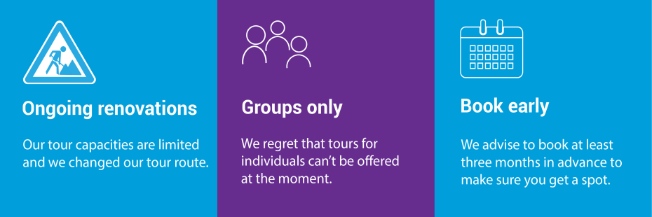Important information: Limited capacities due to ongoing construction works. We only accept group bookings (no individuals) for now. Please book early (min. 3 months in advance).