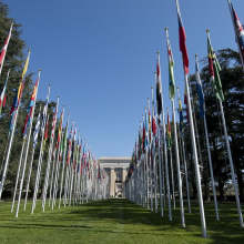 The country flags of all 193 member states lead the way to the UN building in the Palais des Nations.