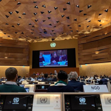 A sign "NGO" in the foreground and a meeting happening inside one of UN Geneva's large conference rooms. 