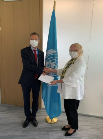 Erik Brøgger Rasmussen, the new Permanent Representative of Denmark to the United Nations Office at Geneva presenting his credentials to Tatiana Valovaya, the Director-General of the UN Office at Geneva.
