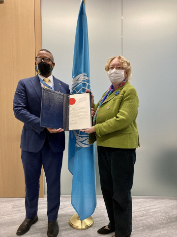 Matthew Anthony Wilson, the new Permanent Representative of Barbados to the United Nations Office at Geneva, presenting his credentials to Tatiana Valovaya, the Director-General of the United Nations Office at Geneva.