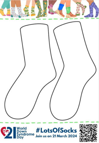 A drawing of white socks below a graphic with feet wearing many different colourful socks and the hash tag #Lotsofsocks