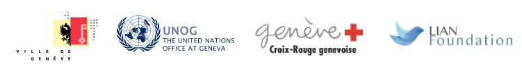 Logos of city of Geneva, UN office in Geneva, Red-Cross & Lian Foundation.