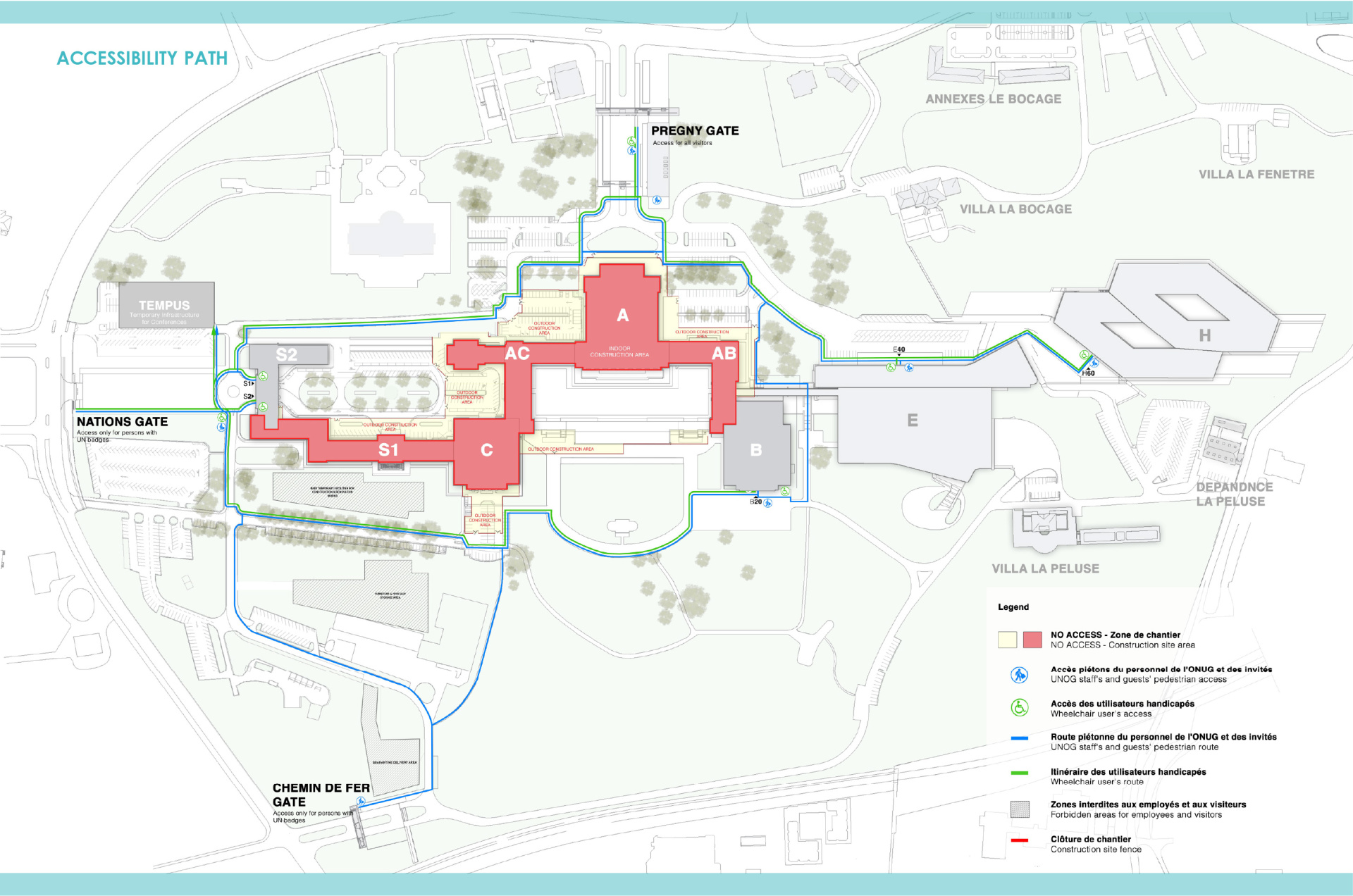 A map of the Palais des Nations, showing the walking routes from the different entrances to the office building during the renovation of the Palais.