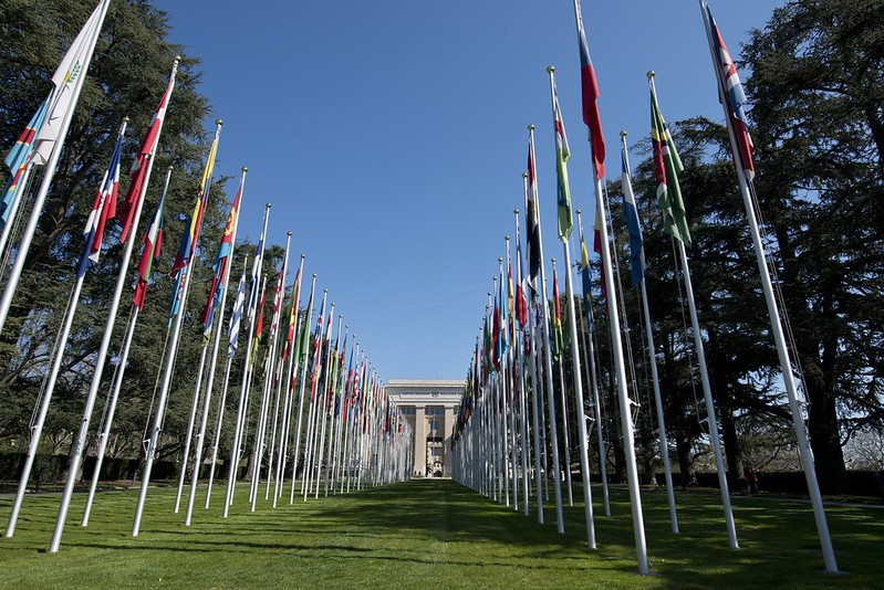 The country flags of all 193 member states lead the way to the UN building in the Palais des Nations.