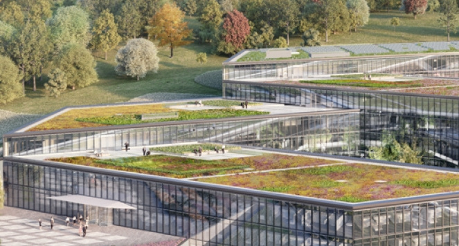An image of the new H building which has been built as part of the Strategic Heritage Plan at UN Geneva