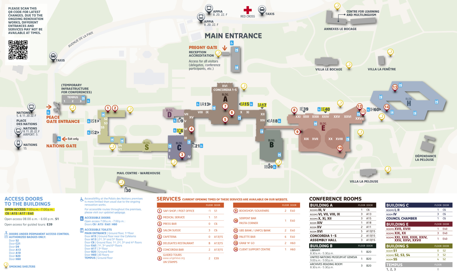 A map of the Palais des Nations, showing the walking routes from the different entrances to the office building during the renovation of the Palais.