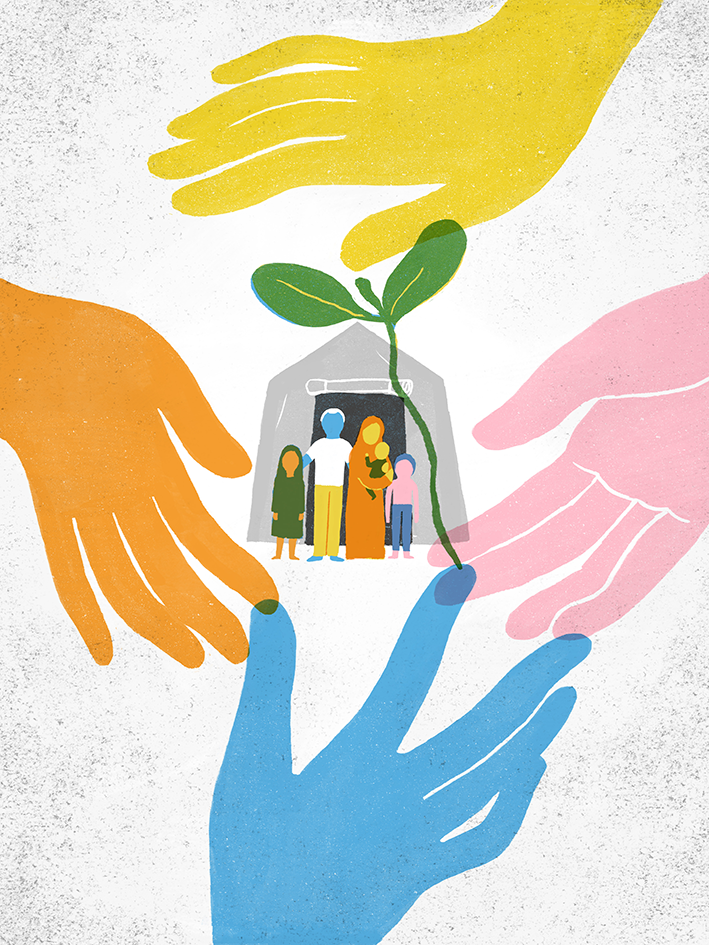 Illustration of a family in front of a tent and a circle of hands around them