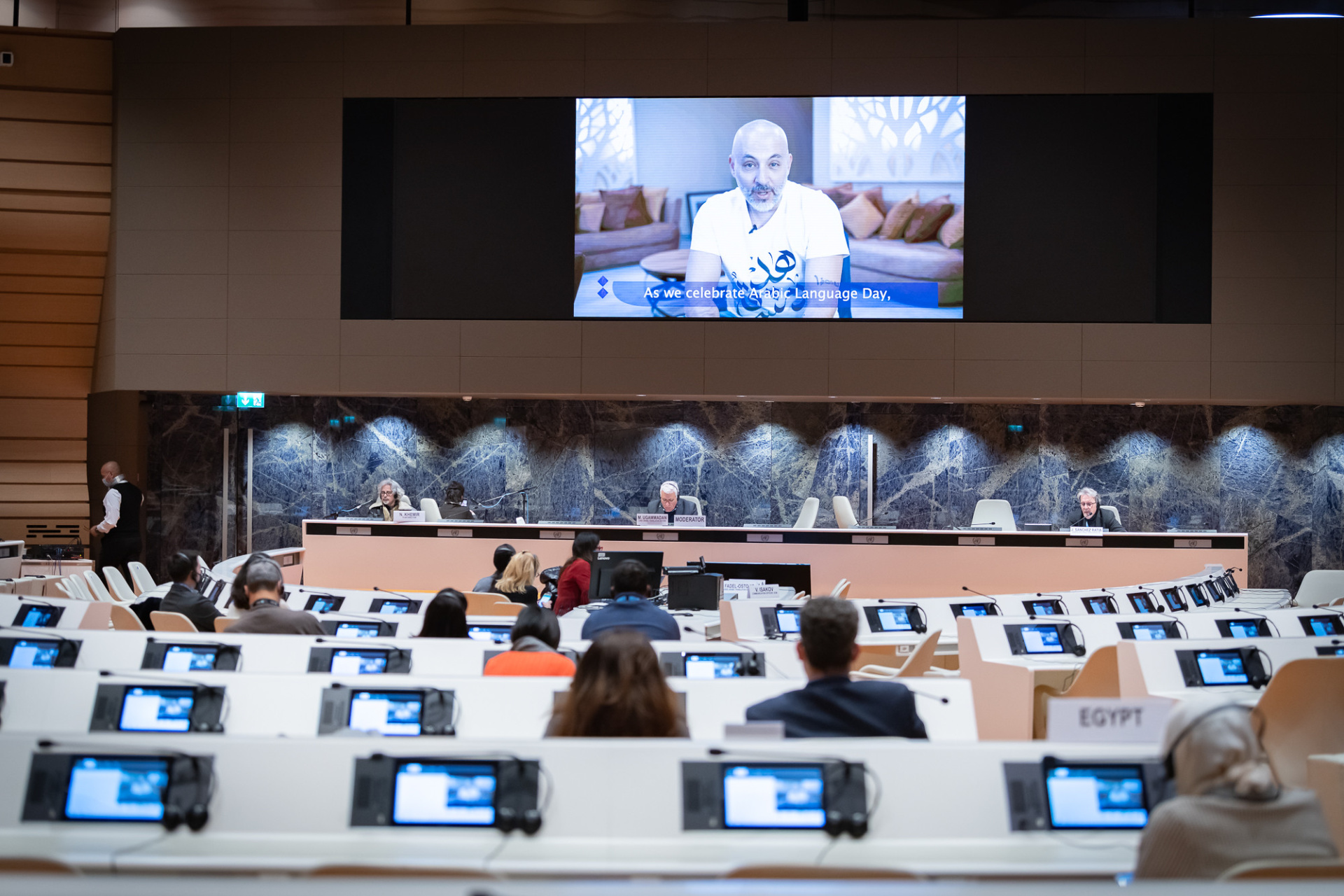 A group of people sitting inside a UN conference room with their backs to the camera, facing a podium of speakers and a video screen which displays a speaking man.