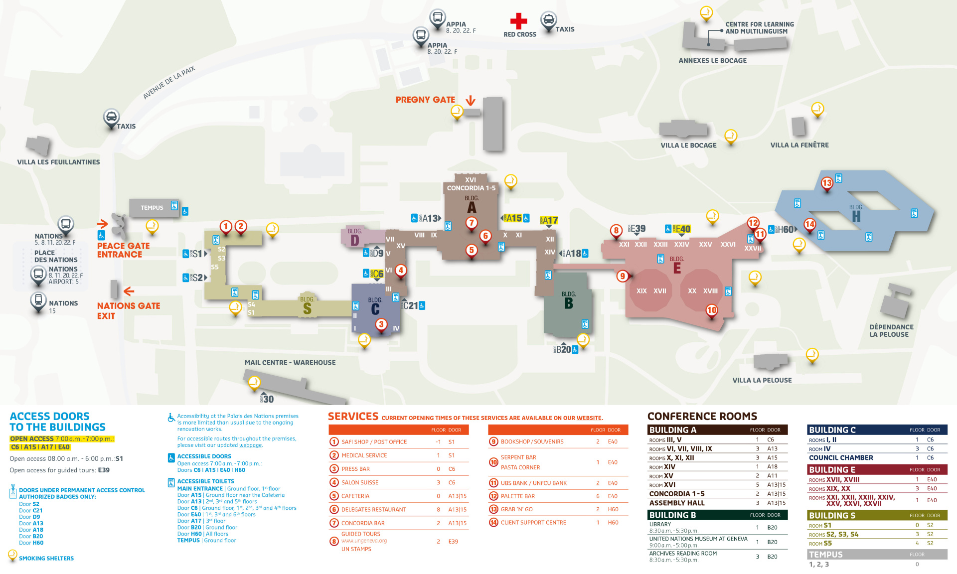 A map of the Palais des Nations, showing the walking routes from the different entrances to the office building during the renovation of the Palais.