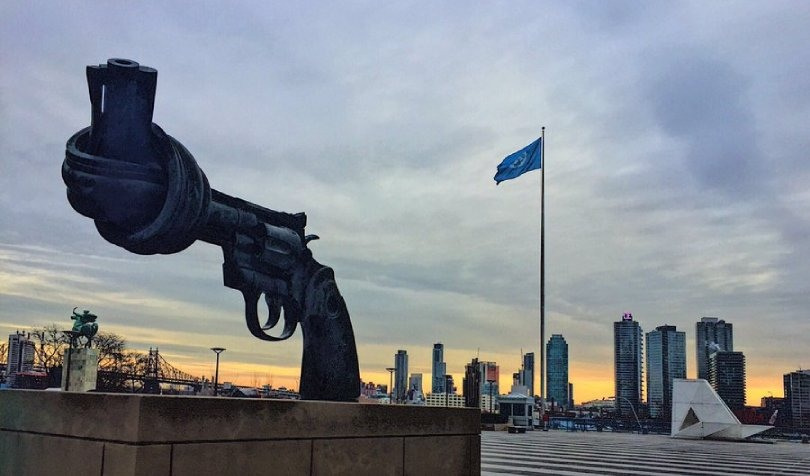 The Knotted Gun sculpture, pictured here at UNHQ in New York, is an inspirational symbol of non-violence.