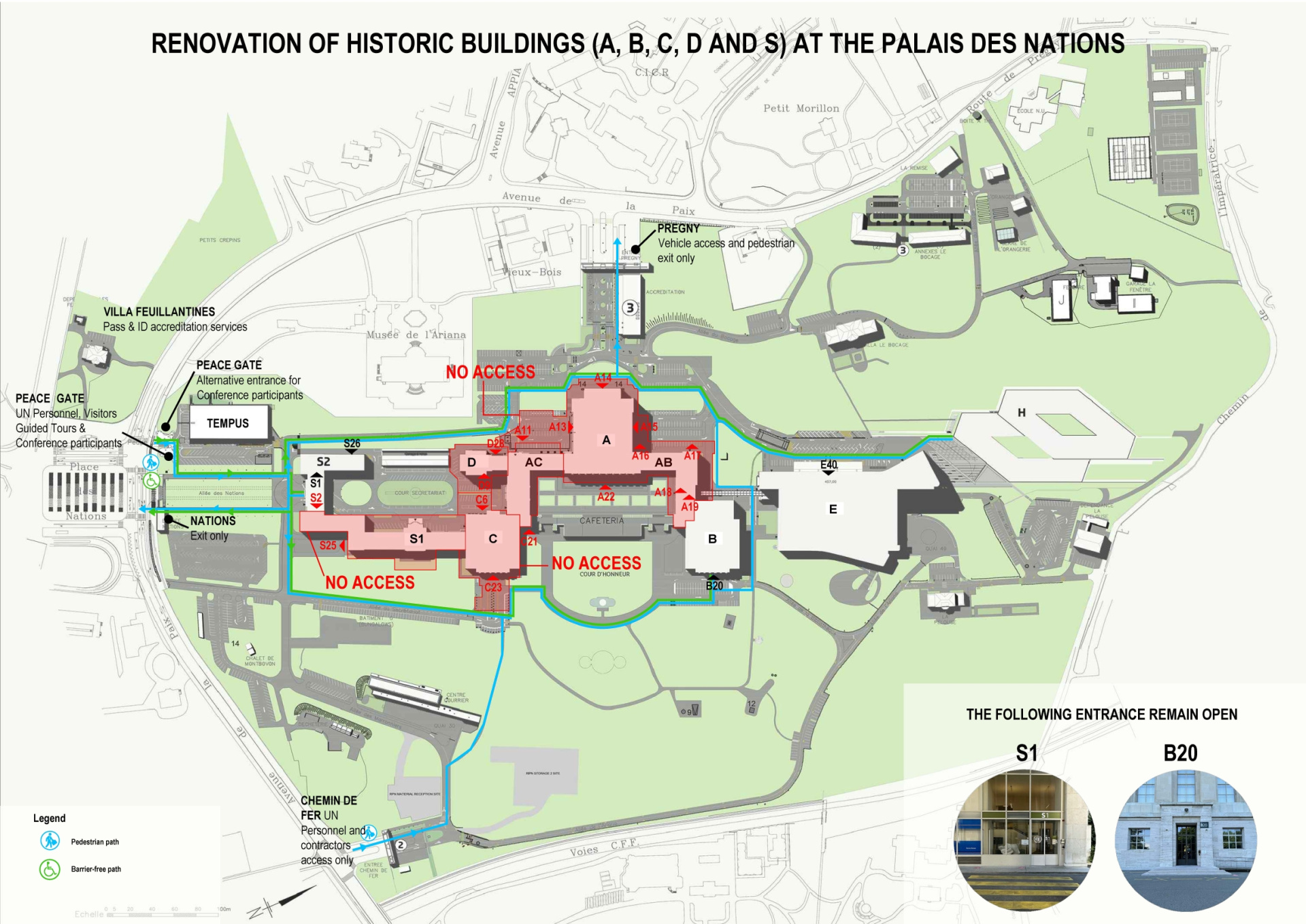 A map of the Palais des Nations, showing the walking routes from the different entrances to the office building during the renovation of the Palais.