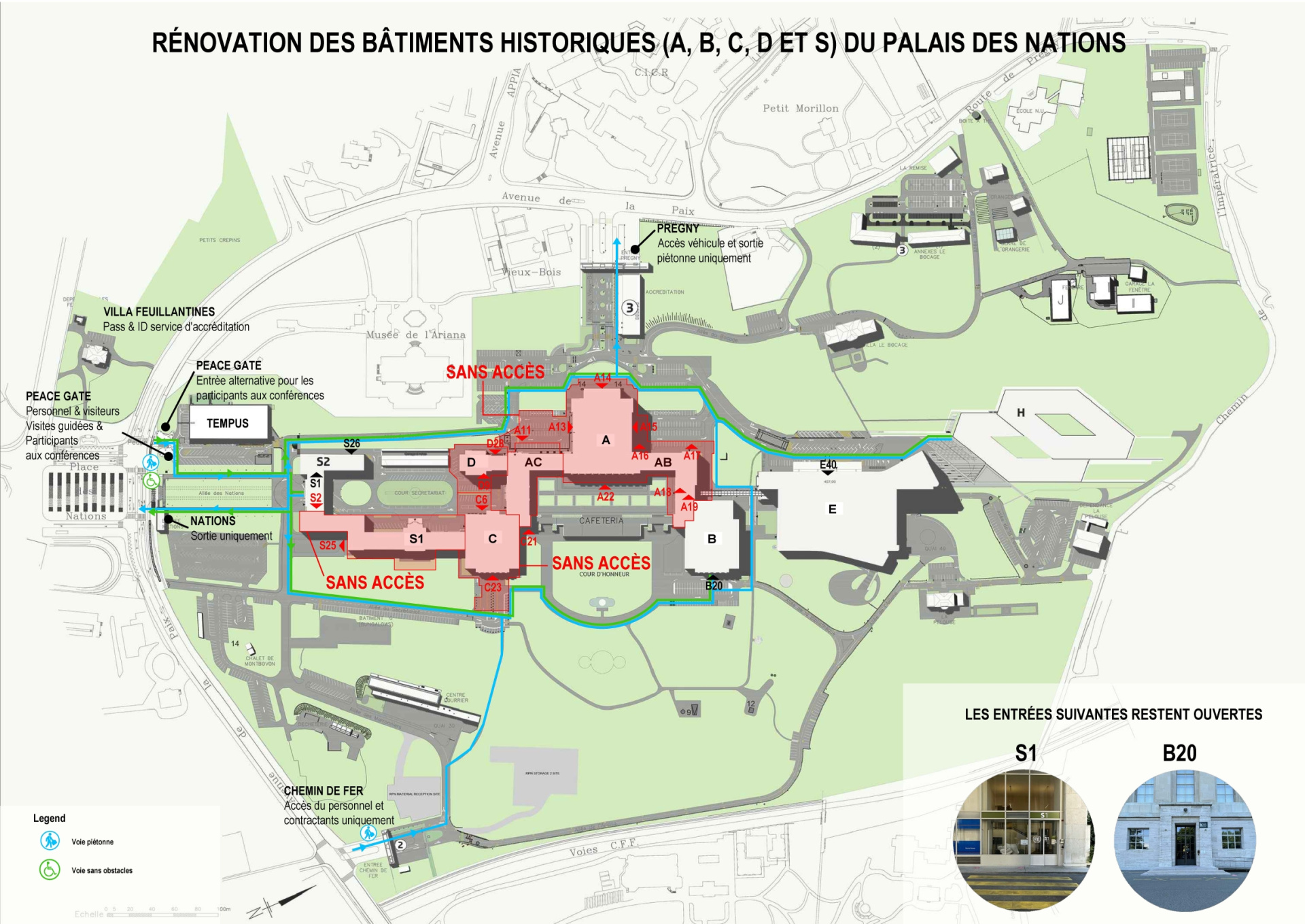 A map of the Palais des Nations, showing the walking routes from the different entrances to the office building during the renovation of the Palais.