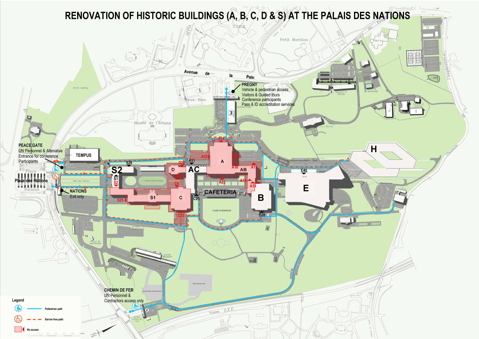 A map of the Palais des Nations, showing the walking routes from the different entrances to the office building during the renovation of the Palais.