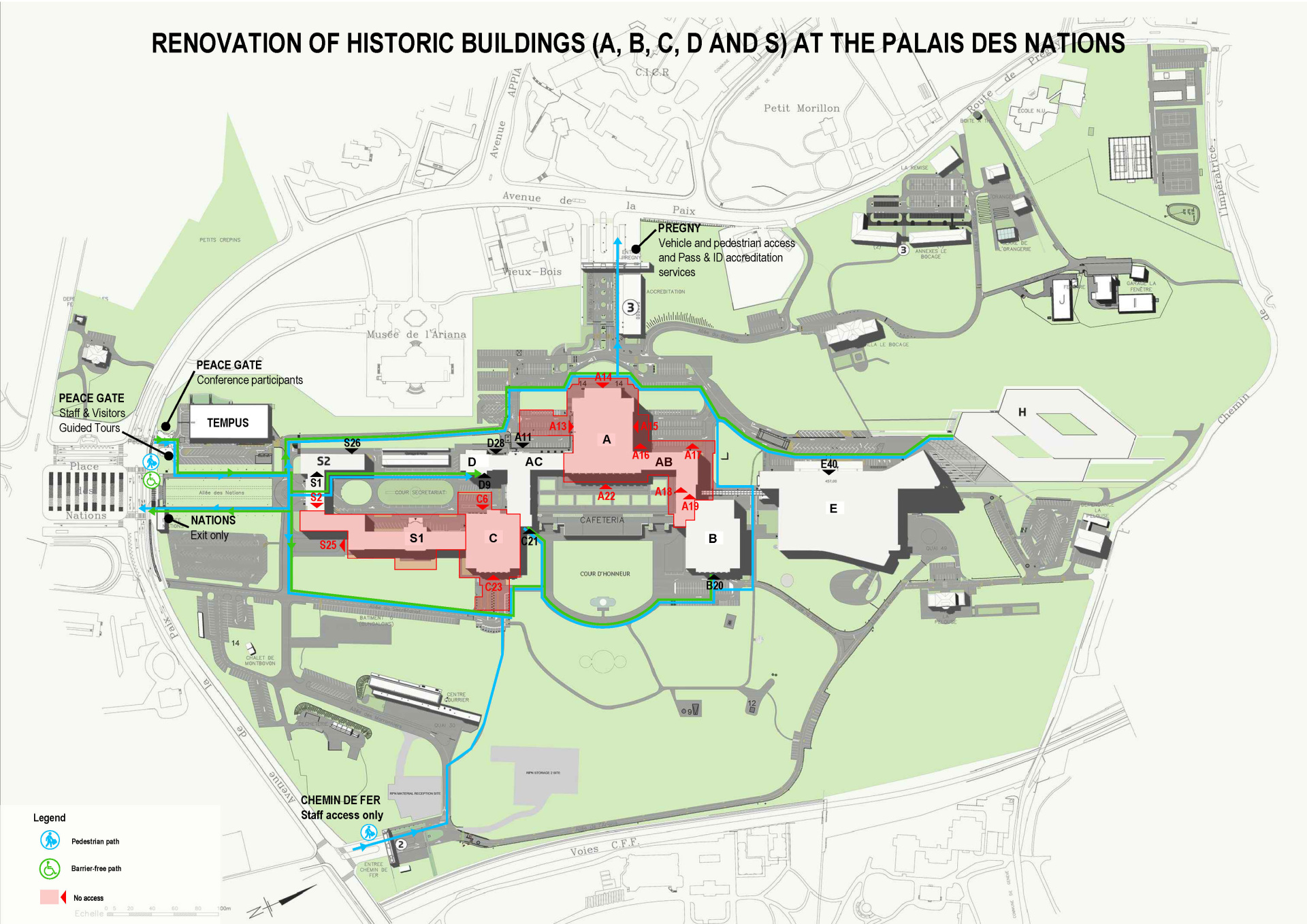 A map of the Palais des Nations, showing the walking routes from the different entrances to the office building during the renovation of the Palais. 