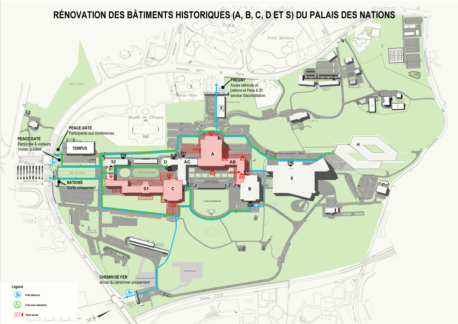 Un plan du Palais des Nations, montrant les itinéraires de promenade depuis les différentes entrées jusqu'à l'immeuble de bureaux pendant la rénovation du Palais. 