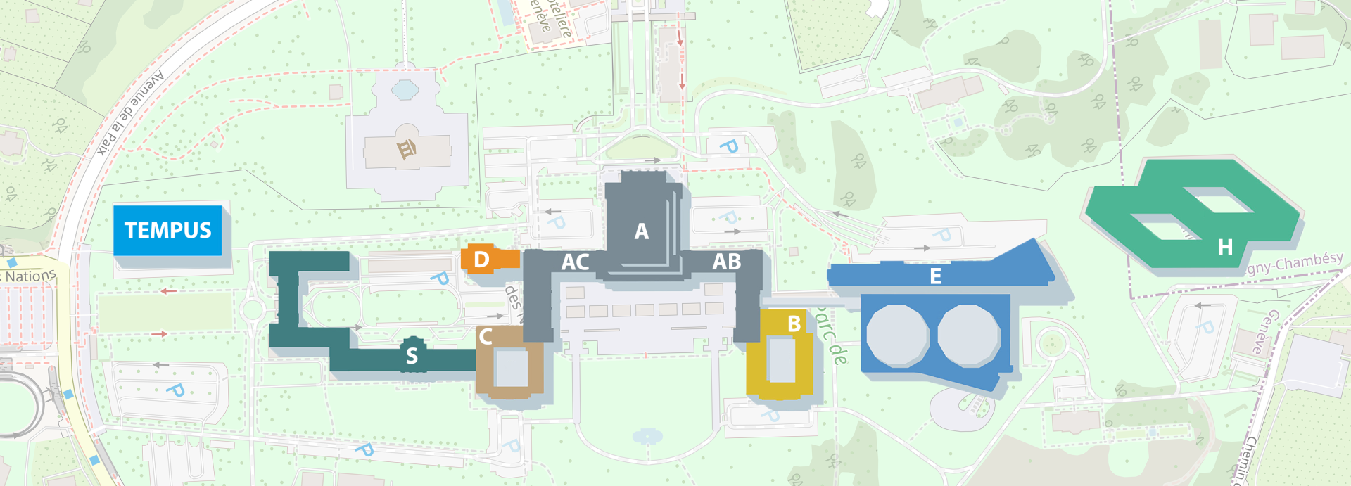 A map with the main buildings of the Palais des Nations marked