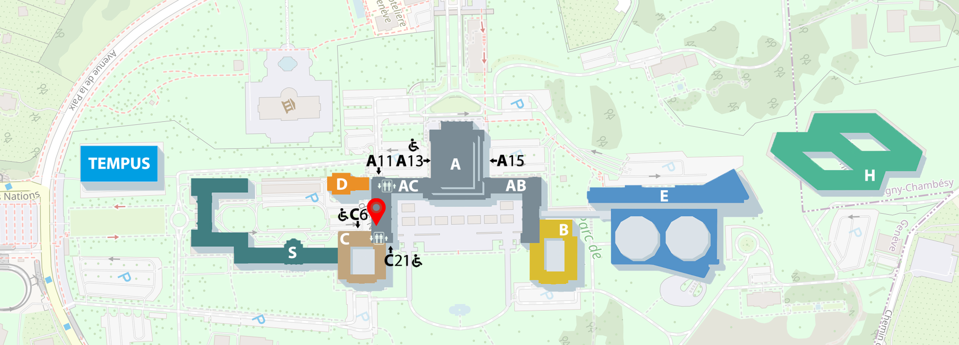 Map of the Palais des Nations with a pin indicating the press room location