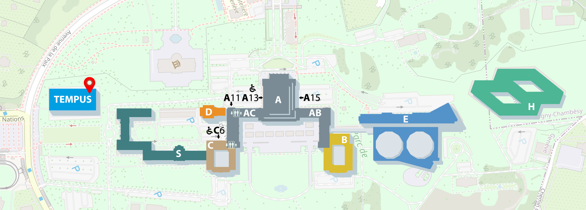 Map of the Palais des Nations, with a pin on the tempus building