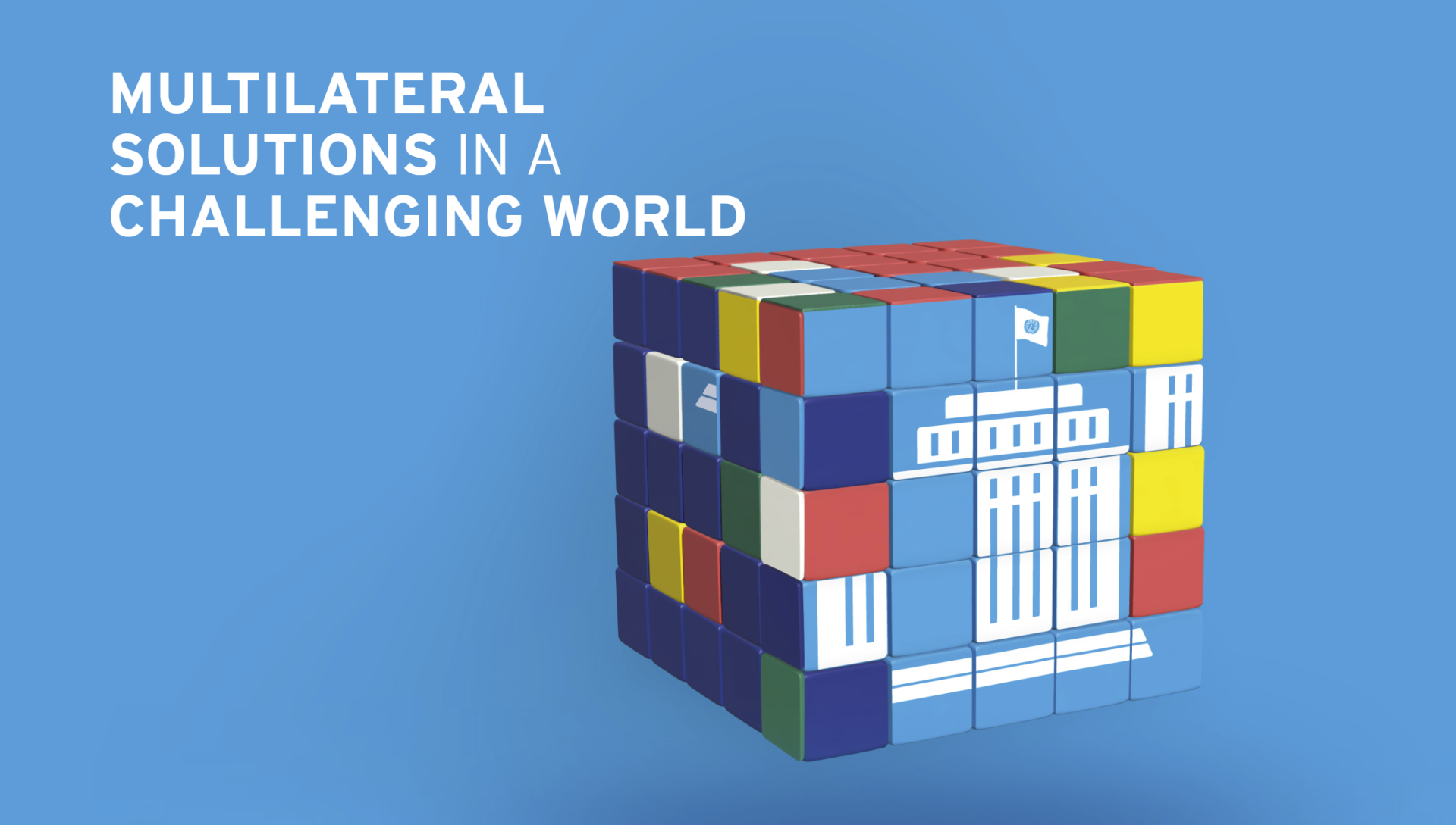 Title image of the UN Geneva Annual report with a Rubic's cube and the words "Multilateral solutions in a challenging world"