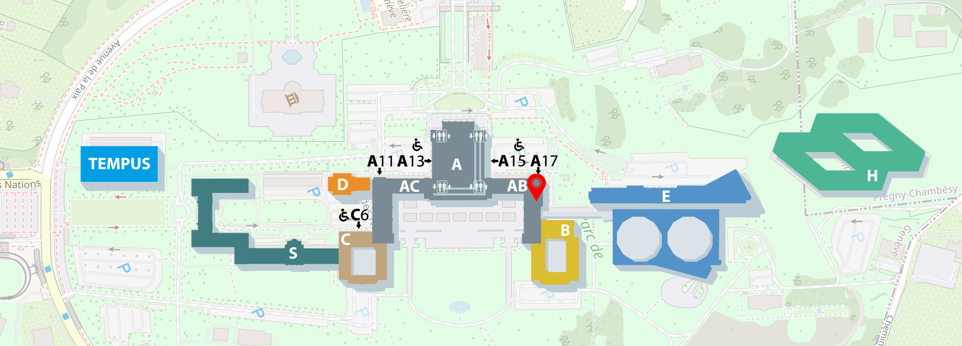 Map of the Palais des Nations with a pin indicating the location of Room XII