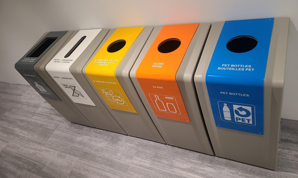 One of the recycling points inside Palais des Nations, consisting of five different containers for different types of waste
