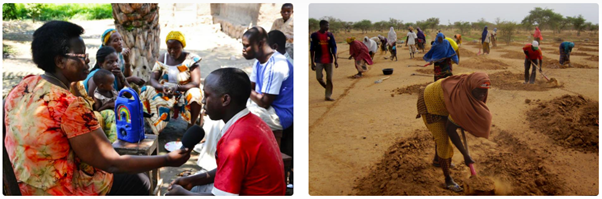 À gauche : les clubs Dimitra sont encouragés à s'associer à des stations de radio locales pour apprendre les uns des autres, diffuser leurs initiatives et susciter le dialogue dans la communauté au sens large. ©FAO/Gustave Ntaraka. A droite : Sur la base d'une proposition du club Dimitra local, les membres du village de Kourki, au Niger, s'efforcent d'enrayer la dégradation des sols. ©FAO/ SadouDoumi.