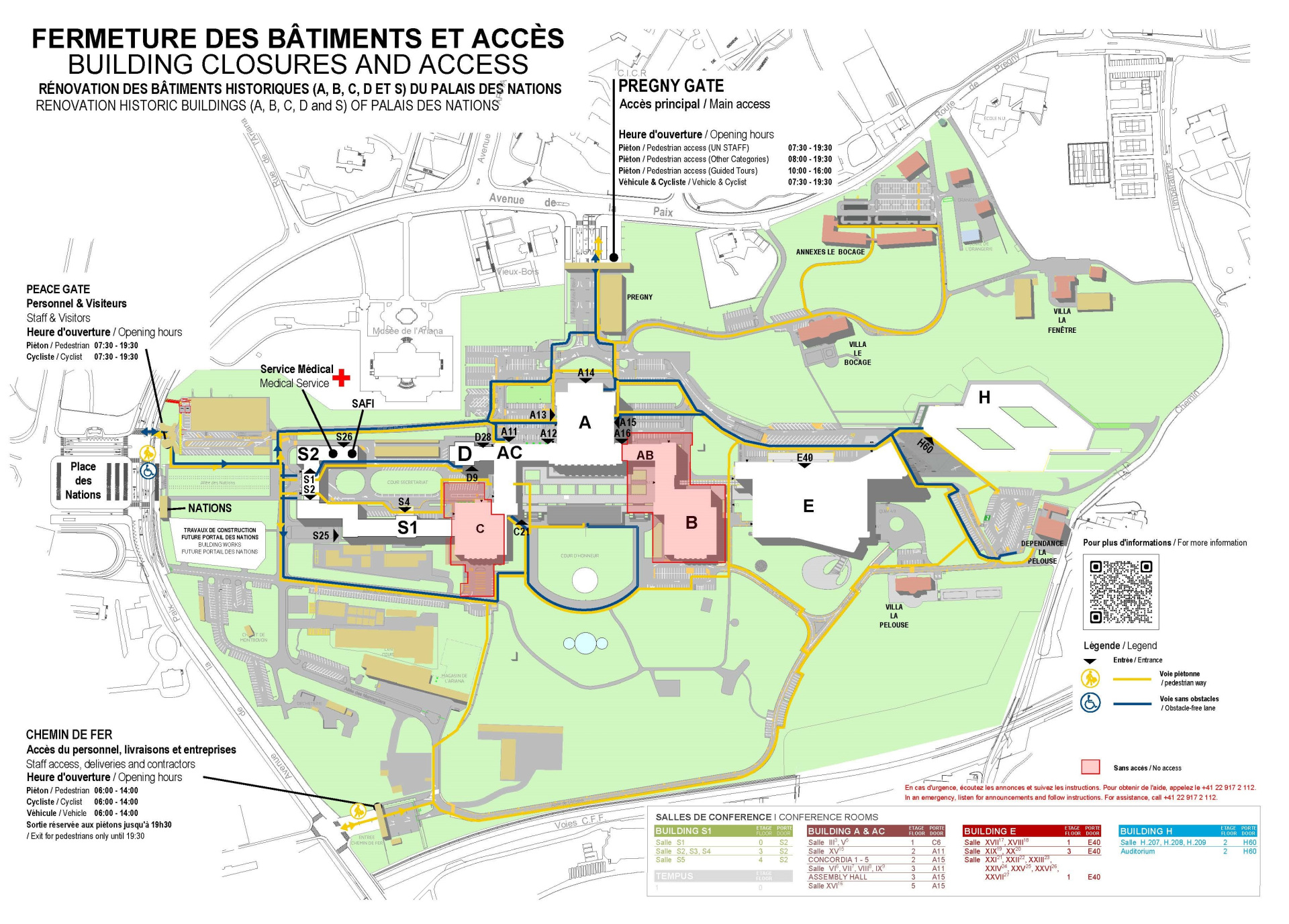 A map of the Palais des Nations, showing the walking routes from the different entrances to the office building during the renovation of the Palais.