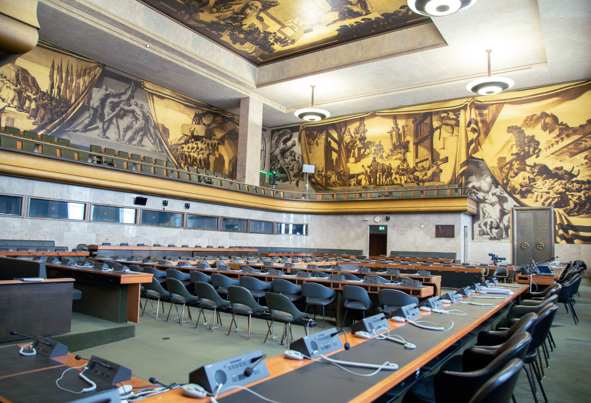A wide angle view of the Council Chamber at the Palais des Nations