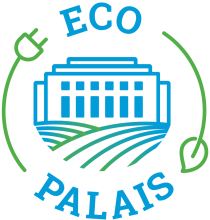 A logo with a drawing of the Palais des Nations in the middle, surrounded by the words "Eco Palais"