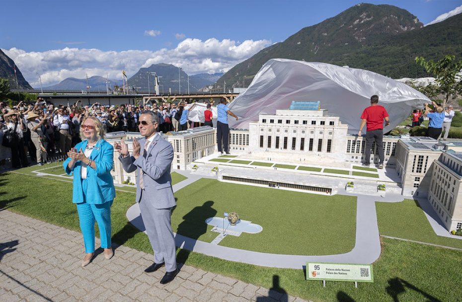 UN Geneva Tatiana Valovaya and Swiss President Ignazio Cassis inaugurating a model version of the Palais des Nations at Swissminiatur on 10 September 2022