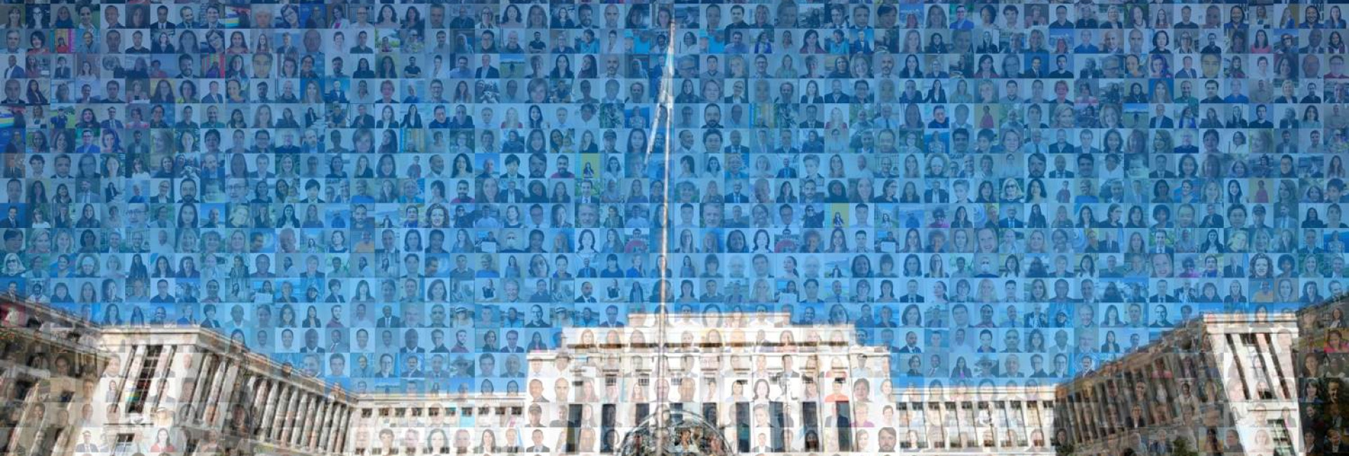 A view of the Palais des Nations, overlaid with photos of persons.