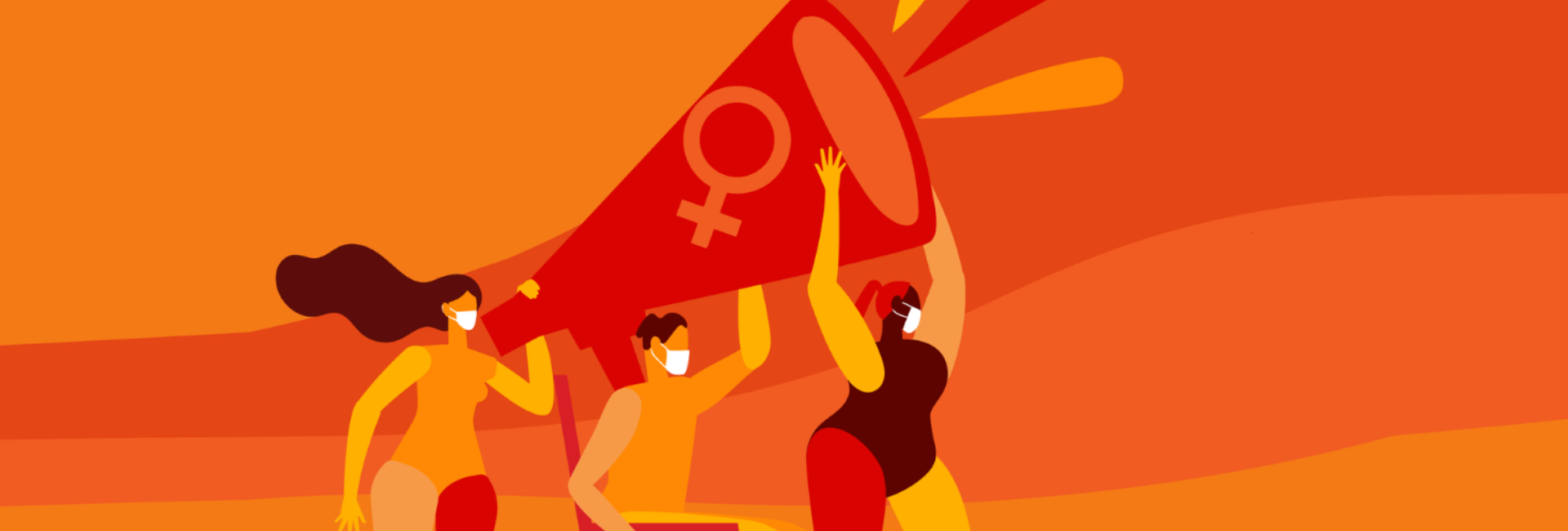 Drawing of 3 women holding a megaphone with the female icon